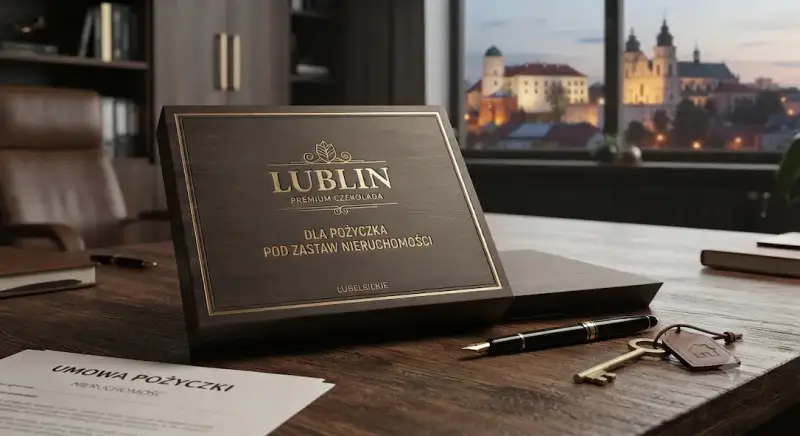 Eleganckie pudełko z logo Lublin na tle gabinetu z widokiem na miasto, ilustrujące ofertę pożyczki pod zastaw nieruchomości w województwie lubelskim