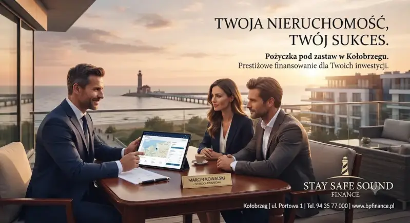 Doradca rozmawia z klientami o pożyczce pod zastaw nieruchomości w Kołobrzegu, w tle promenada, latarnia morska i pomost