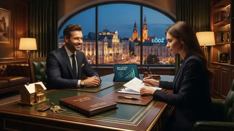 Eleganckie biuro doradcy finansowego w Łodzi z widokiem na oświetlone miasto. Na skórzanym biurku leżą akta nieruchomości, klucze, miniaturowy model domu oraz tablet, podczas gdy klientka podpisuje umowę pożyczki pod zastaw