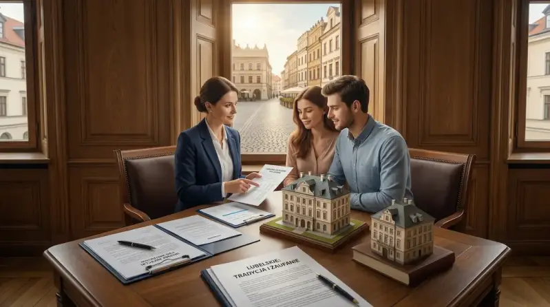 Trzy osoby przy eleganckim biurku z ciemnym drewnem. Doradczyni pokazuje na tablecie dokumenty parze klientów. Na stole leżą dwa modele historycznych kamienic oraz teczka z napisem "Lubelskie: Tradycja i Zaufanie – Umowa Pożyczki pod Zastaw Nieruchomości"