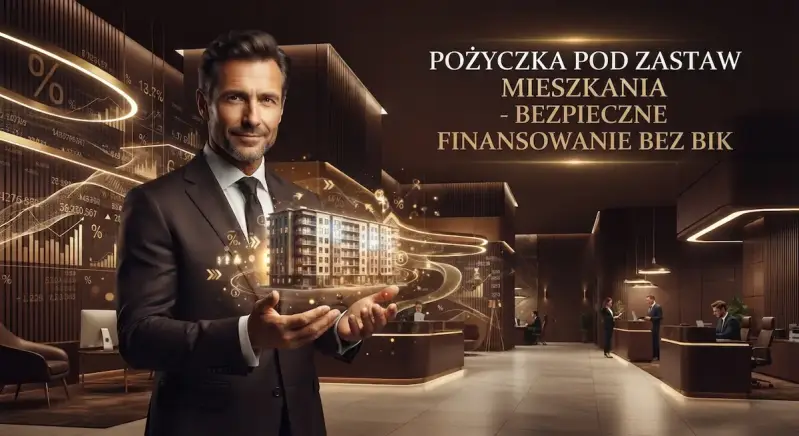 Futurystyczny obraz pokazujący biuro z doradcami oferujjącymi pożyczki pod zastaw mieszkania bez BIK
