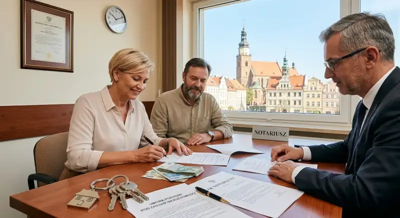Para podpisuje notarialną umowę pożyczki pod zastaw nieruchomości w Nysie. Gotówka i klucze znajdują się na stole u notariusza, z widokiem na historyczną panoramę miasta przez okno.
