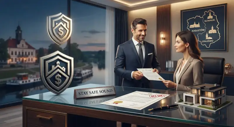 Eleganckie wnętrze kancelarii finansowej Stay Safe Sound z widokiem na panoramę Suwałk, Augustowa i Grajewa. Na biurku znajdują się dokumenty pożyczkowe bez BIK oraz makietę nowoczesnego domu, przy którym doradca rozmawia z klientką.