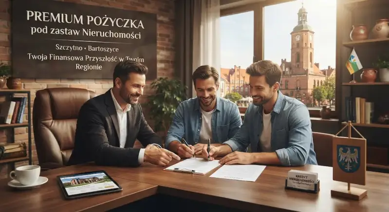 Podpisanie umowy na prywatną pożyczkę pod zastaw nieruchomości w eleganckim biurze w Szczytnie i Bartoszycach. W tle za okno roztacza się widok na zabytkowy ratusz miejski, podkreślający lokalny charakter usług Stay Safe Sound.