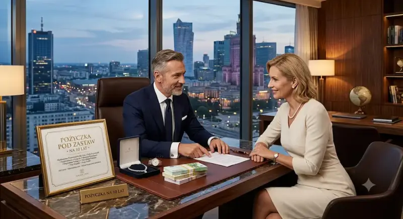 Doradca finansowy w biurze omawia z klientką zasady długoterminowej pożyczki na 10 lat, wskazując na schemat spłaty.