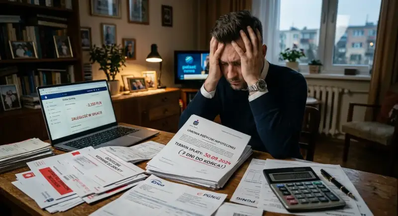 Zmartwiony przedsiębiorca analizujący dokumenty finansowe i wezwania. Koniec umowy i brak pieniędzy na spłatę pożyczki pod zastaw nieruchomości – doradztwo Stay Safe Sound