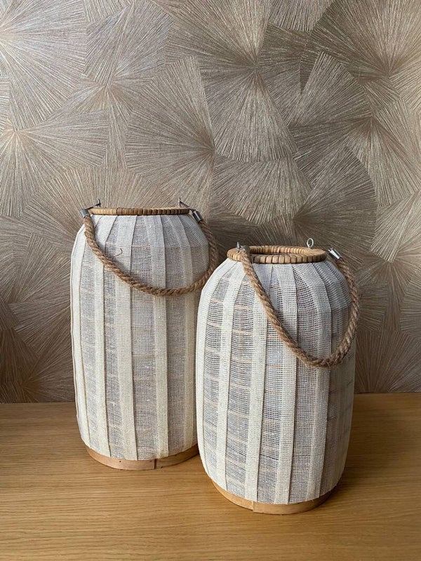 Windlicht hout met rotan klein