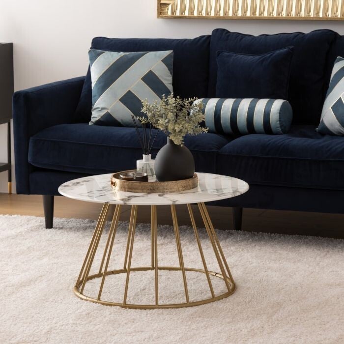 SALONTAFEL MODEL RAYO CM 70X40 GOUD EN GEHARD GLAS MET WIT MARMEREFFECT