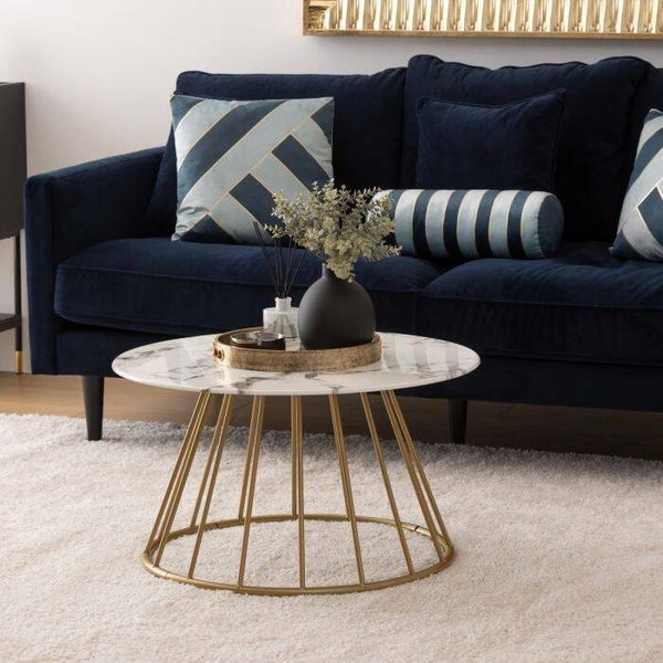 SALONTAFEL MODEL RAYO CM 70X40 GOUD EN GEHARD GLAS MET WIT MARMEREFFECT