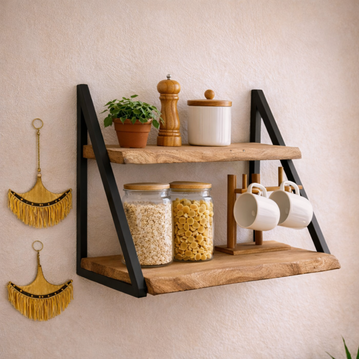 WANDPLANK 2 PLANKEN CM 60X33 H.45 IN METAAL EN ACACIAHOUT