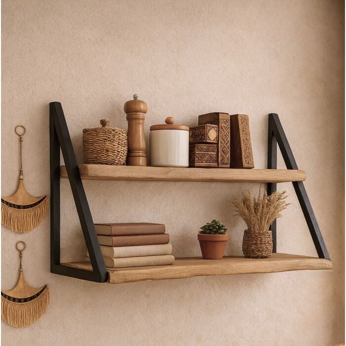 WANDPLANK MET 2 PLANKEN CM 100X33 H.45 IN METAAL EN ACACIAHOUT