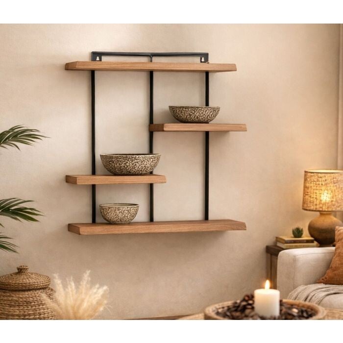 WANDPLANK 4 PLANKEN CM 70X25 H.80 IN METAAL EN ACACIAHOUT