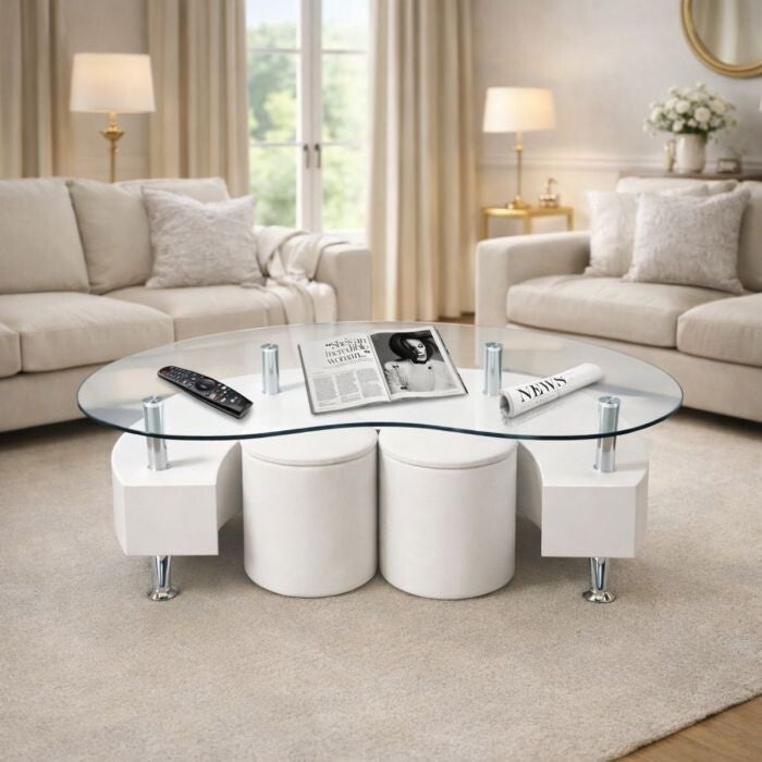 SALONTAFEL VAN WIT LARIKSLAMINAAT EN GLAZEN BLAD CM 130X70 H. 45 MET 2 POUFS