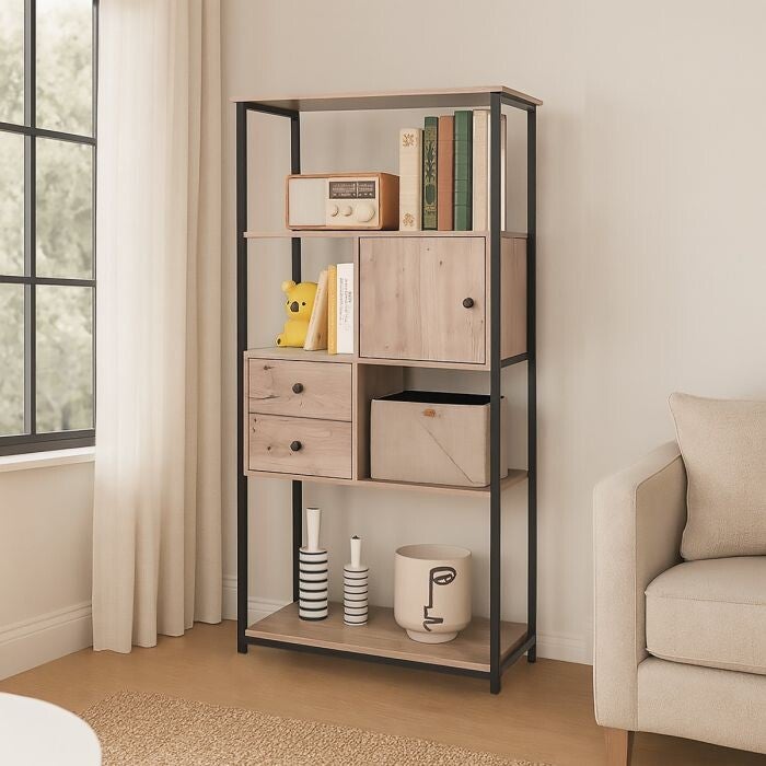 MODERNE KAST CM 80X30 H. 160 GEKNOOPT EIKENHOUT EN ZWART METAAL