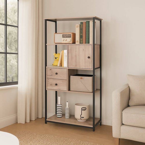 MODERNE KAST CM 80X30 H. 160 GEKNOOPT EIKENHOUT EN ZWART METAAL
