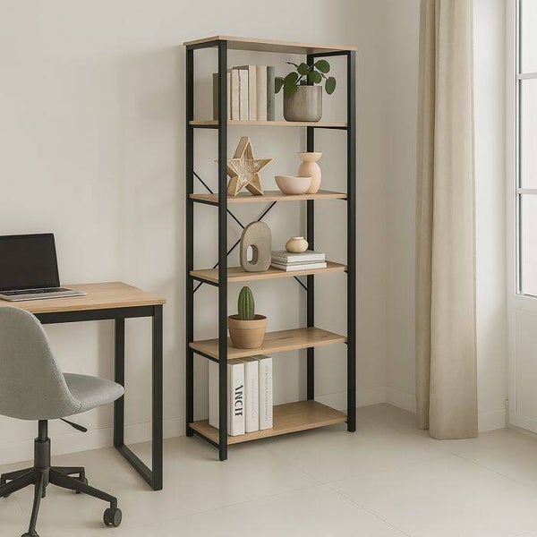 MODERNE KAST CM 80X30 H. 180 GEKNOOPT EIKENHOUT EN ZWART METAAL