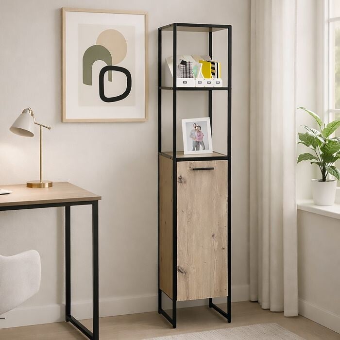 MODERNE KAST CM 32X33 H. 160 GEKNOOPT EIKENHOUT EN ZWART METAAL