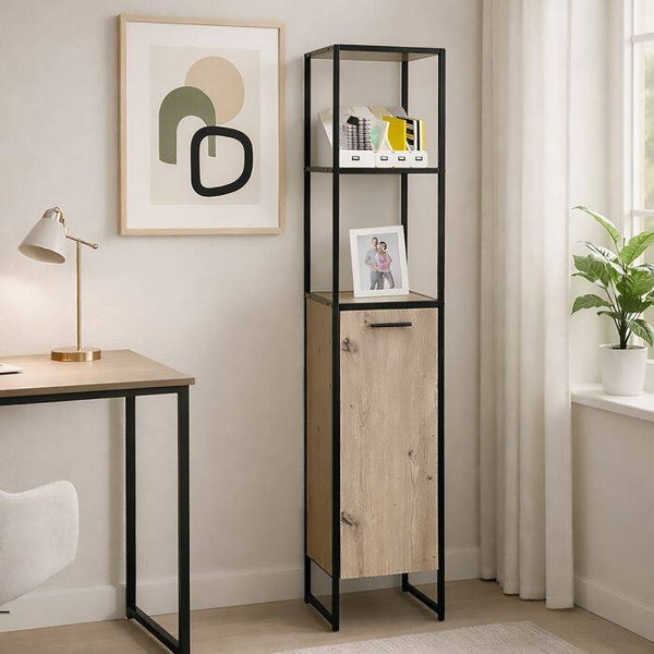 MODERNE KAST CM 32X33 H. 160 GEKNOOPT EIKENHOUT EN ZWART METAAL