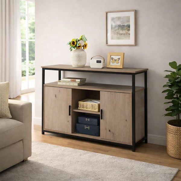 DRESSOIR CM 120X35 H. 80 EIKEN EN ZWART METAAL