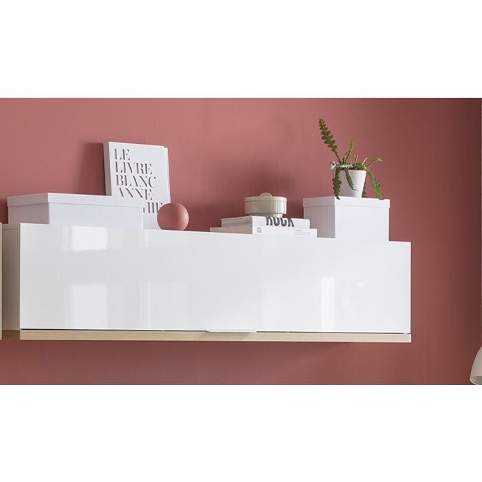 FLIPWANDUNIT MUNDI CM 160X30,4 H. 35 GLANZEND WIT EN AMBACHTELIJK EIKENHOUT