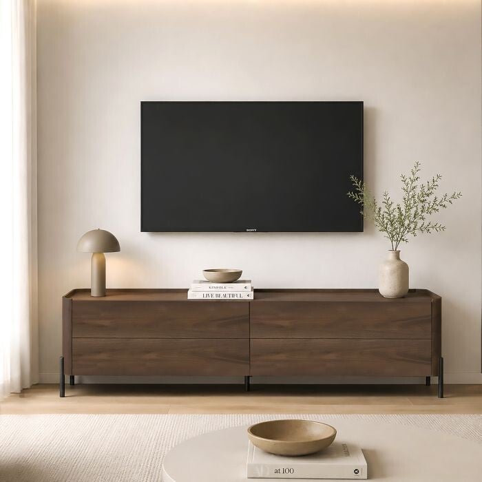 TV-STANDAARD CM 140X40 H.42 IN MDF WALNOOT EN ZWART METAAL