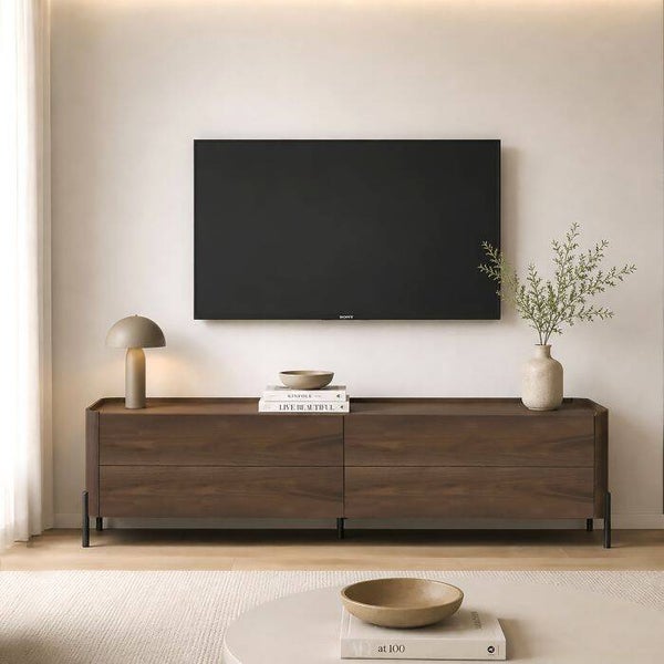 TV-STANDAARD CM 140X40 H.42 IN MDF WALNOOT EN ZWART METAAL