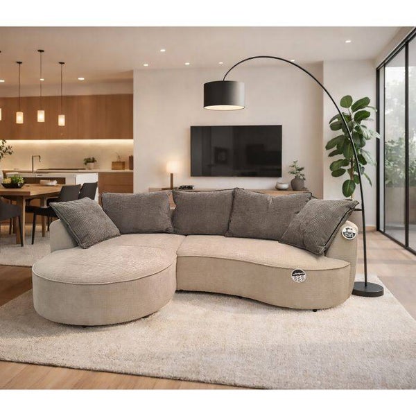 HOEKBANK MODEL SANA MET LINKER SCHIEREILAND IN BEIGE STOF