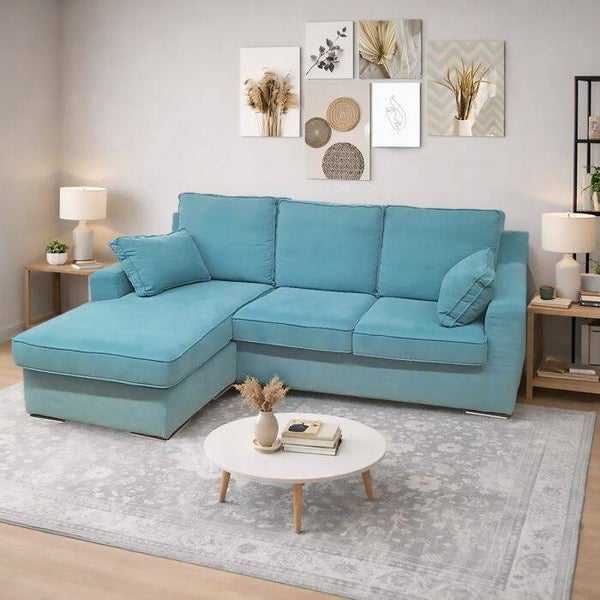 HOEKBANK MODEL HELEN MET TURQUOISE STOF AFNEEMBAAR