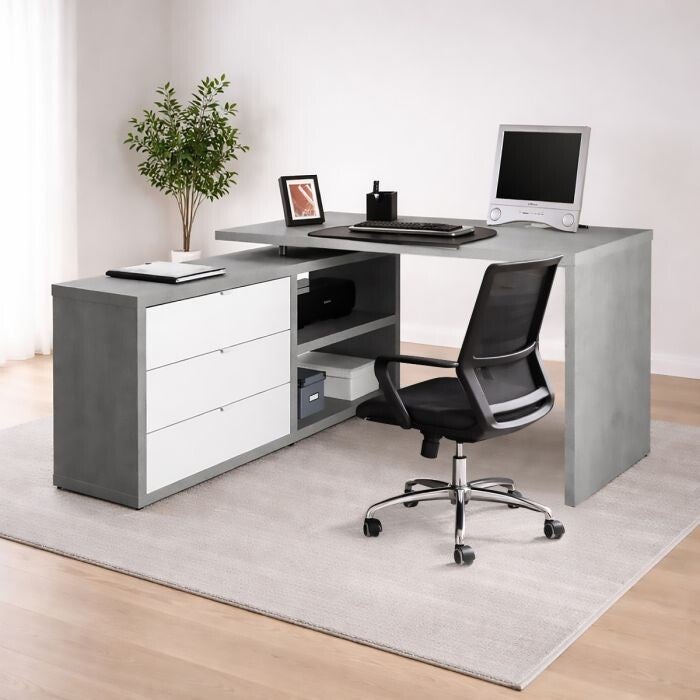 HOEKBUREAU MODEL PATROON CM 150X140 H. 74.2 CEMENT EN GLANZEND WIT