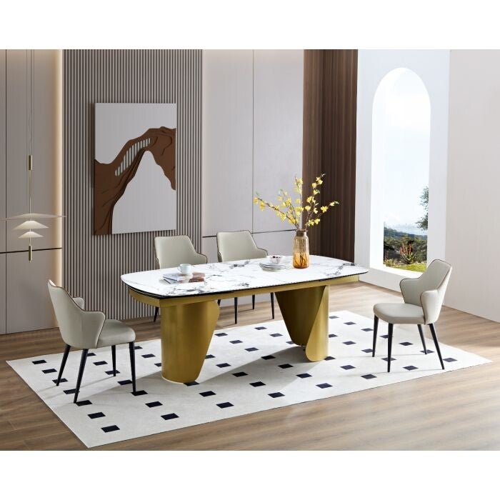 UITSCHUIFBARE TAFEL CM 200X100 SATIJN GOUDEN METAAL MET MARMEREN BLAD