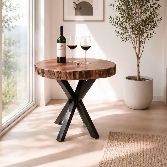 RONDE TAFEL CM 80X95 H.76 ZWARTE METAAL EN NATUURLIJKE ACACIAHOUTEN BLADPLAAT