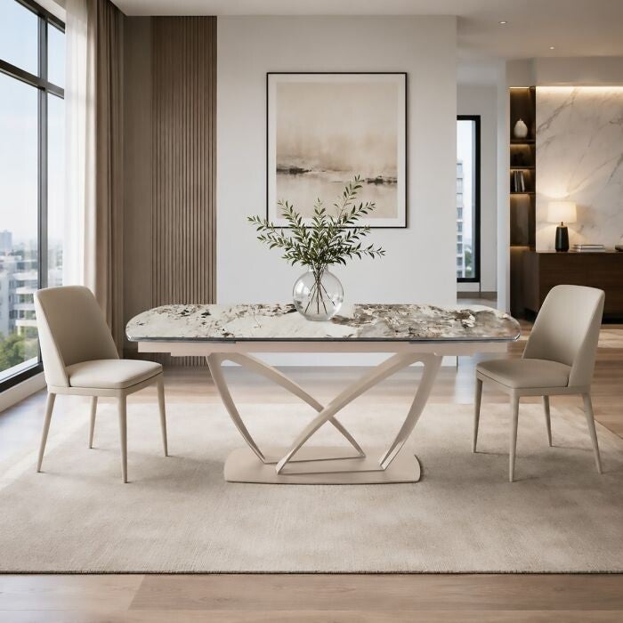TAFEL MODEL ANGEL CM 160X90 IN KASJMIER METAAL EN CALACATTA KERAMISCH