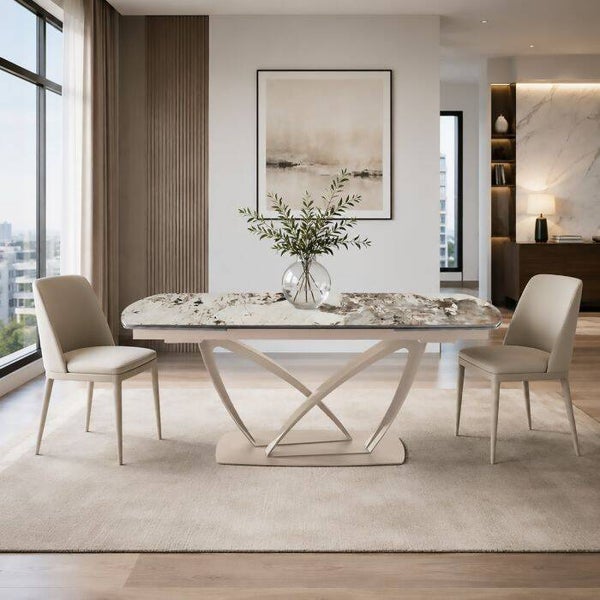 TAFEL MODEL ANGEL CM 160X90 IN KASJMIER METAAL EN CALACATTA KERAMISCH
