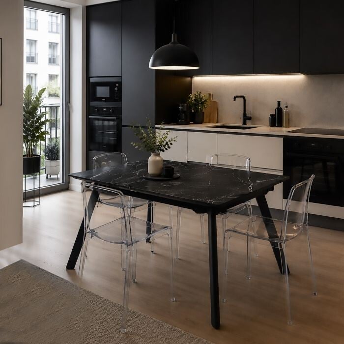 UITSCHUIFBARE TAFEL MODEL BRANDO CM 120X85 H.75 ZWART METAAL EN KLEI ZWARTE EFFECT KERAMISCH