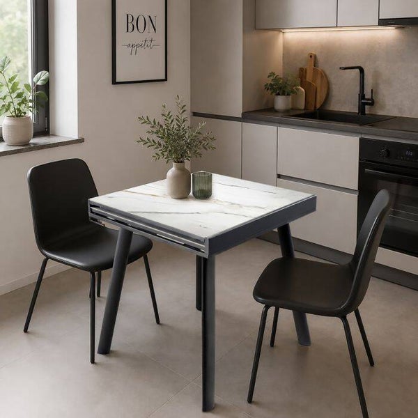 UITSCHUIFBARE TAFEL MODEL SLEUF CM 80X80 H.75 ZWART METAAL MET GOUDEN MARMEREN EFFECT