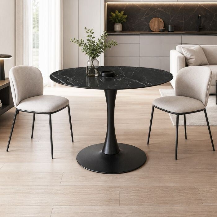 RONDE TAFEL MODEL PAUL Ø80 cm  MAT ZWARTE METAAL EN MARMER-EFFECT KERAMISCH