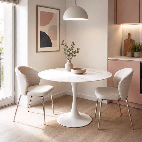 RONDE TAFEL MODEL PAUL Ø80 cm WIT METAAL EN KERAMISCH MET CARRARA-MARMER-EFFECT
