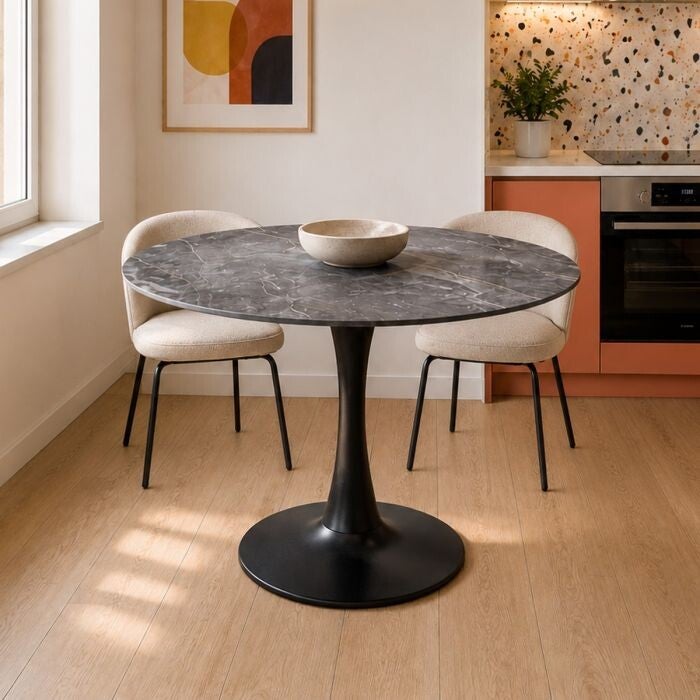 RONDE TAFEL MODEL PAUL Ø100 IN ZWARTMETAAL EN GARDENIA MARMEREN BLAD