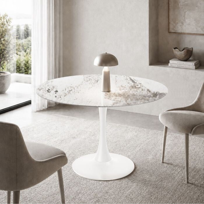 RONDE TAFEL MODEL PAUL Ø100 IN WIT METAAL EN CALACATTA MARMER-EFFECT