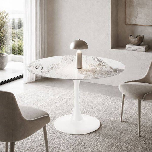 RONDE TAFEL MODEL PAUL Ø100 IN WIT METAAL EN CALACATTA MARMER-EFFECT