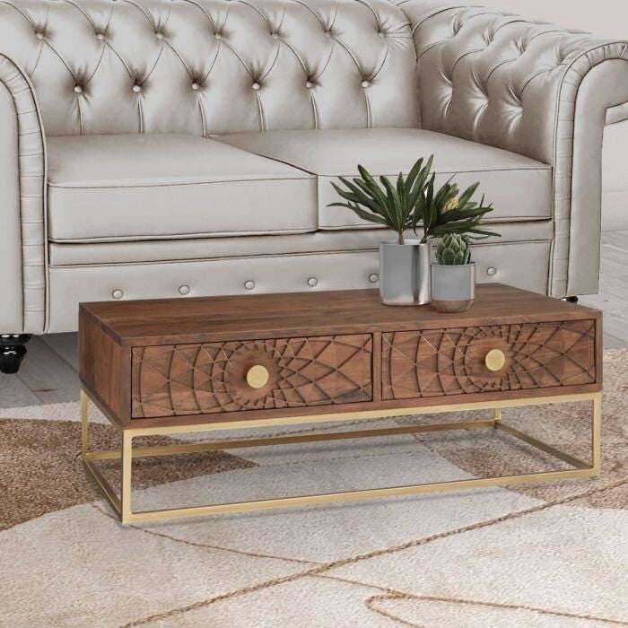 SALONTAFEL MODEL SBJ 115X55 H.40 IN ACACIA HOUT EN METAAL
