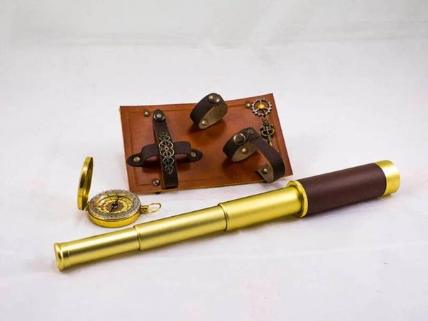 Steampunk Gürtel Zubehör Entdecker Set mit funktionalem Fernglas und Kompass
