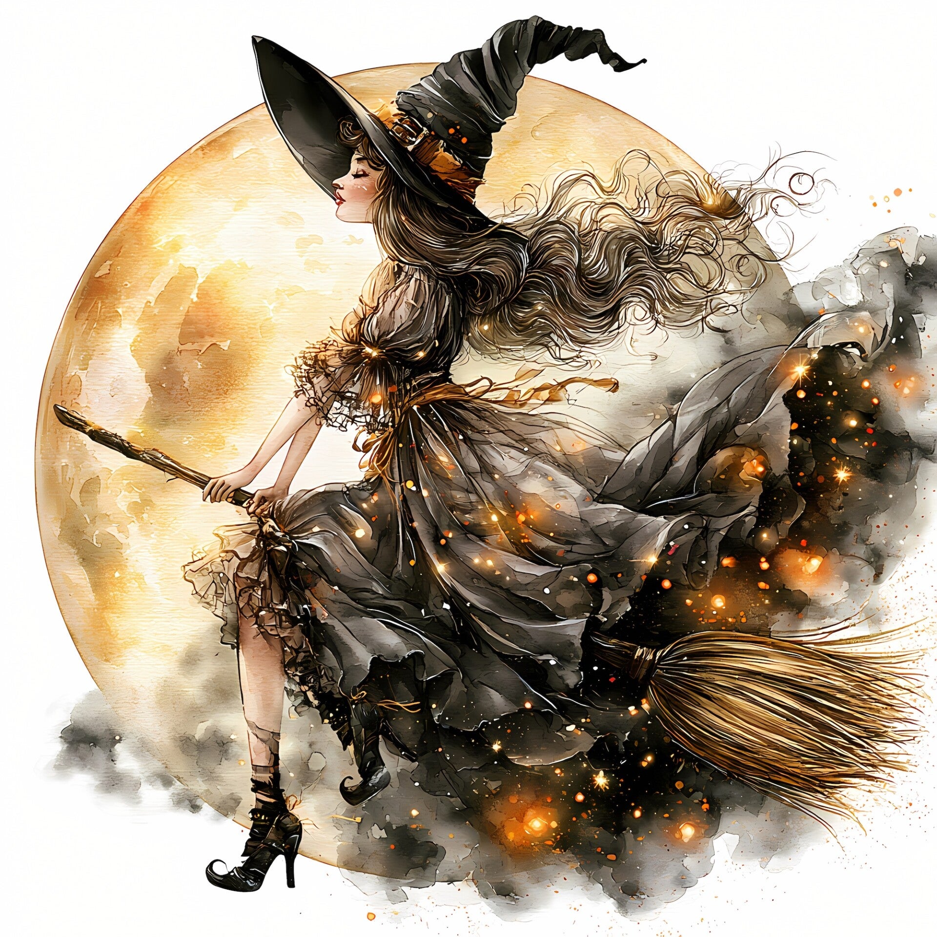 Witch Riding Broom with Full Moon