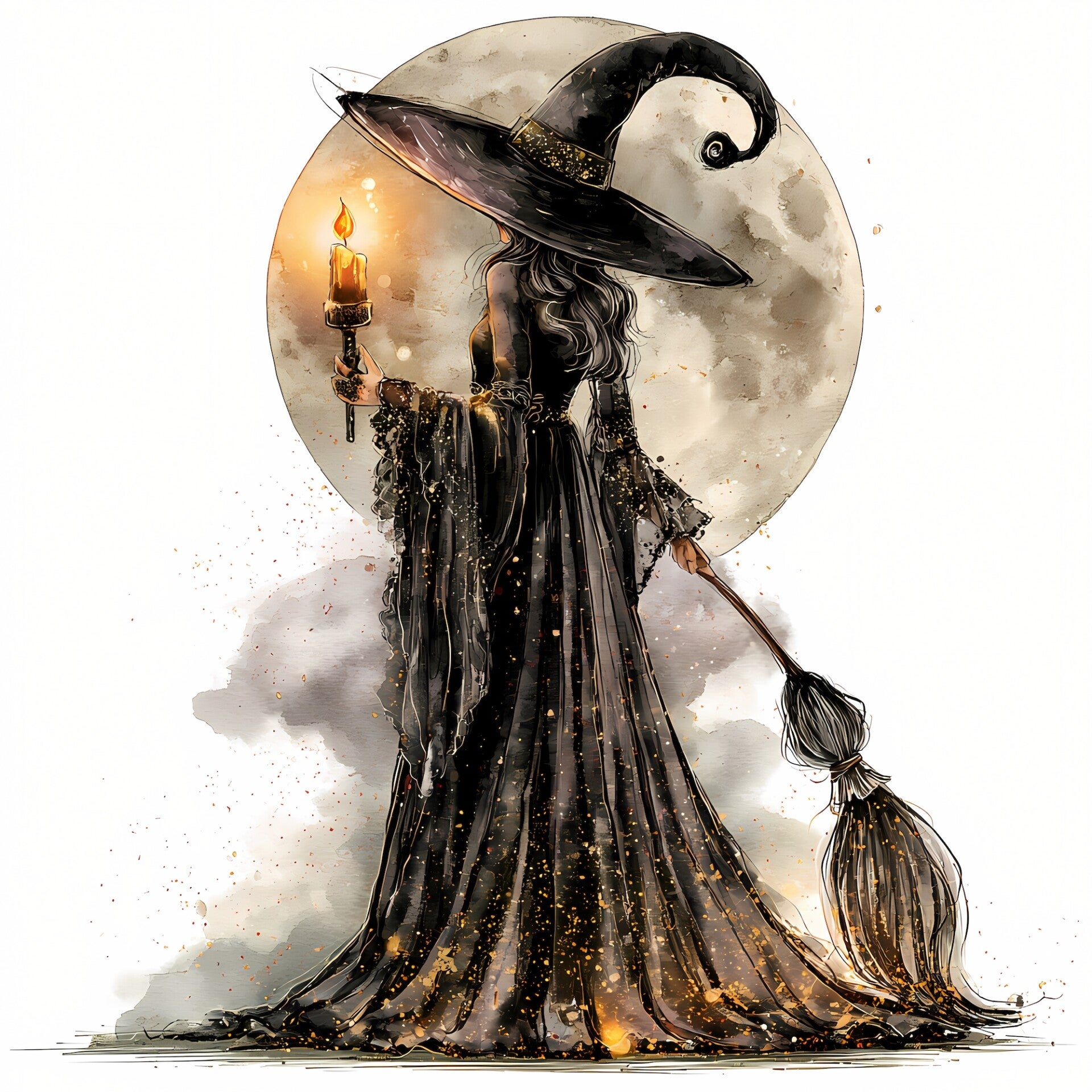 Witch on Broom with Full Moon