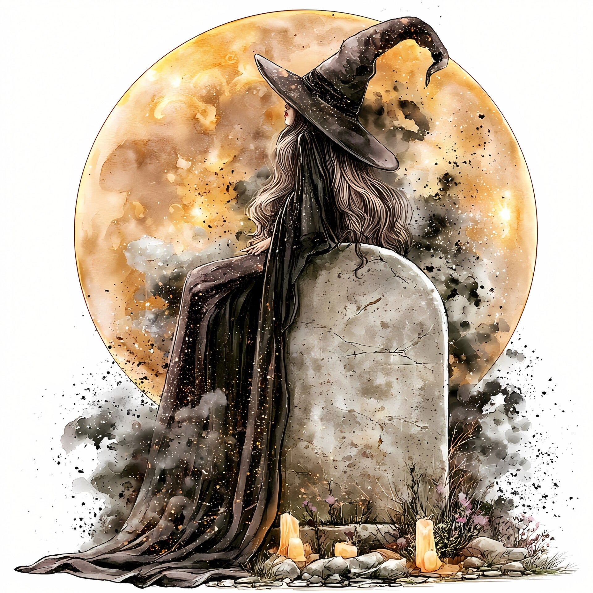 Witch on Gravestone with Candles
