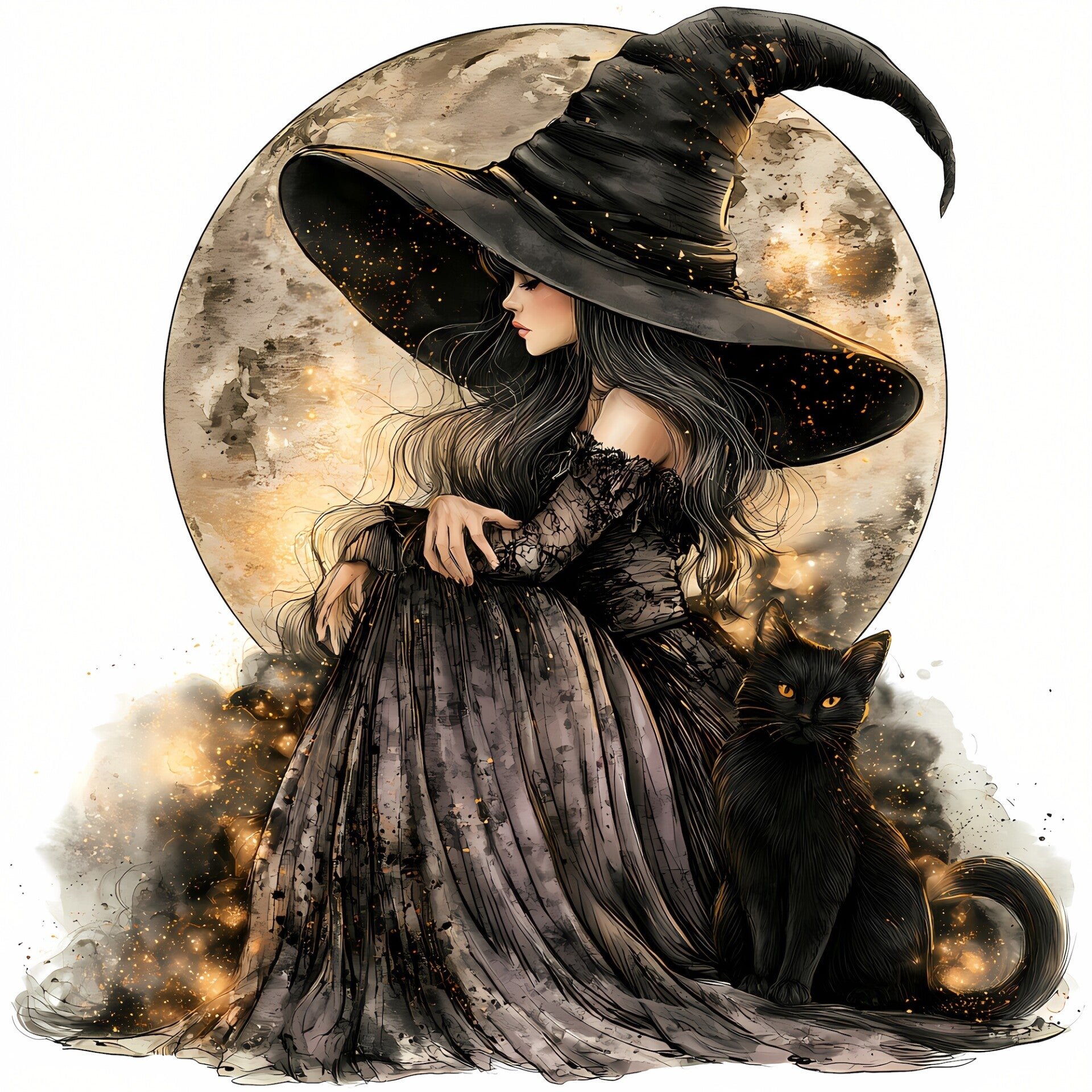 Witch Sitting with Black Cat
