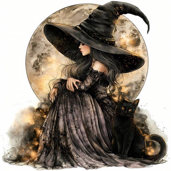 Witch Sitting with Black Cat