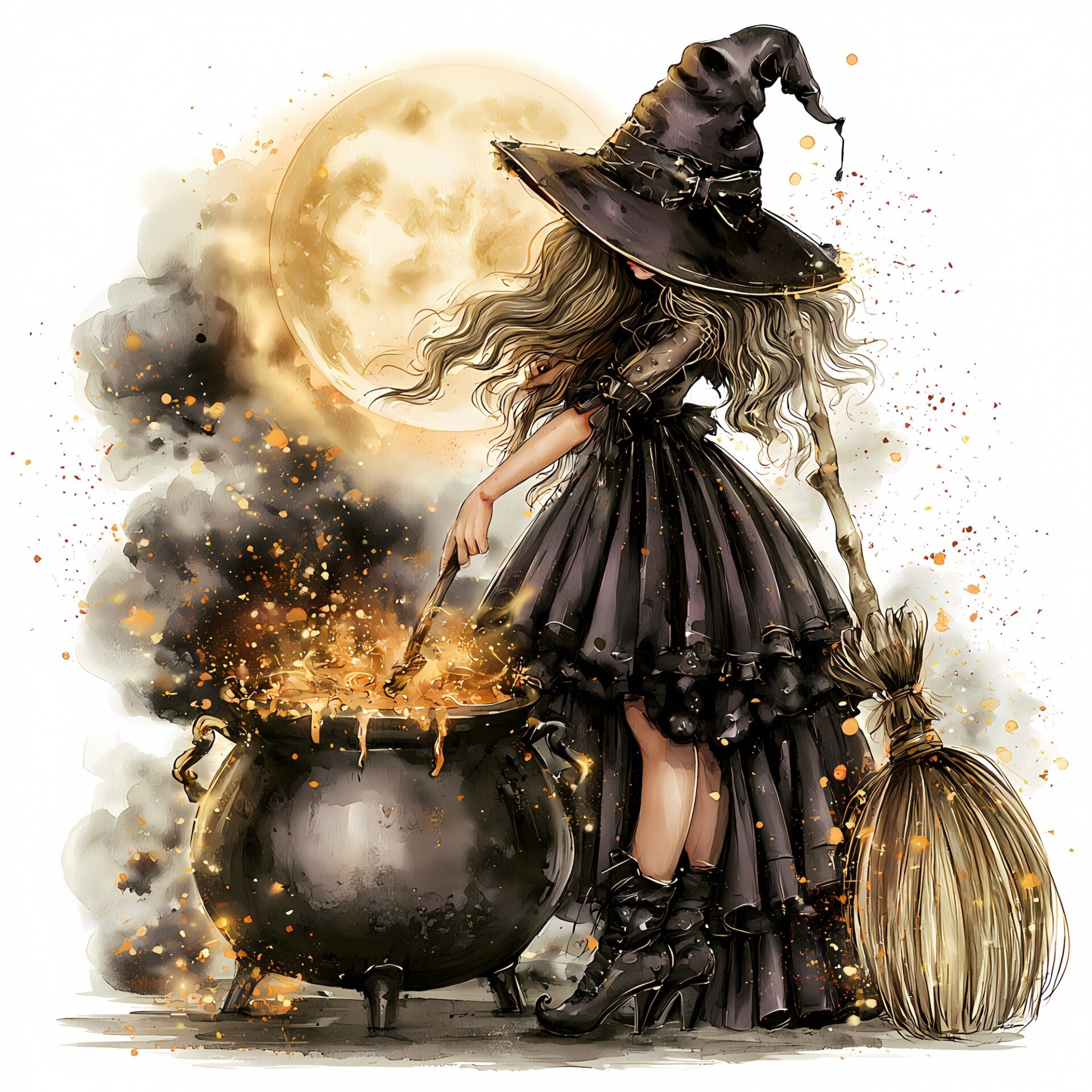 Witch with Broom and Cauldron