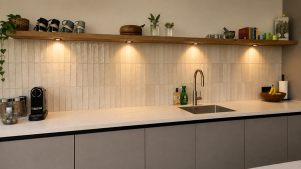 Eiken keukenplank / wandplank met LED-spots – 4 cm dik – rechte voorkant