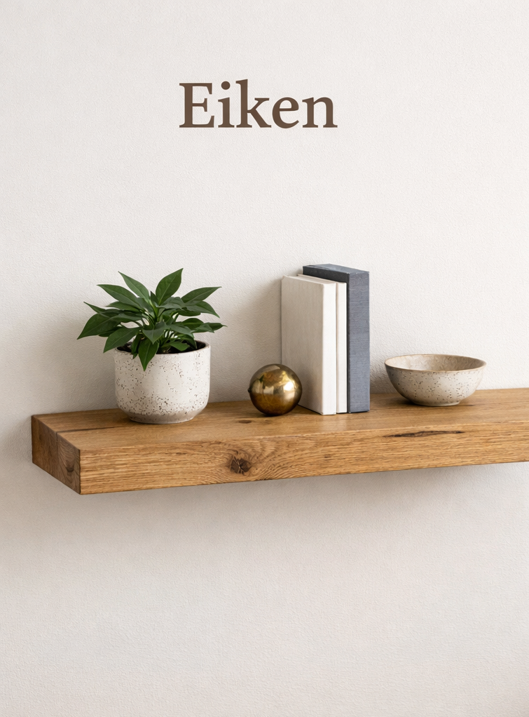 Massief eiken wandplank met rechte voorkant, zwevend gemonteerd